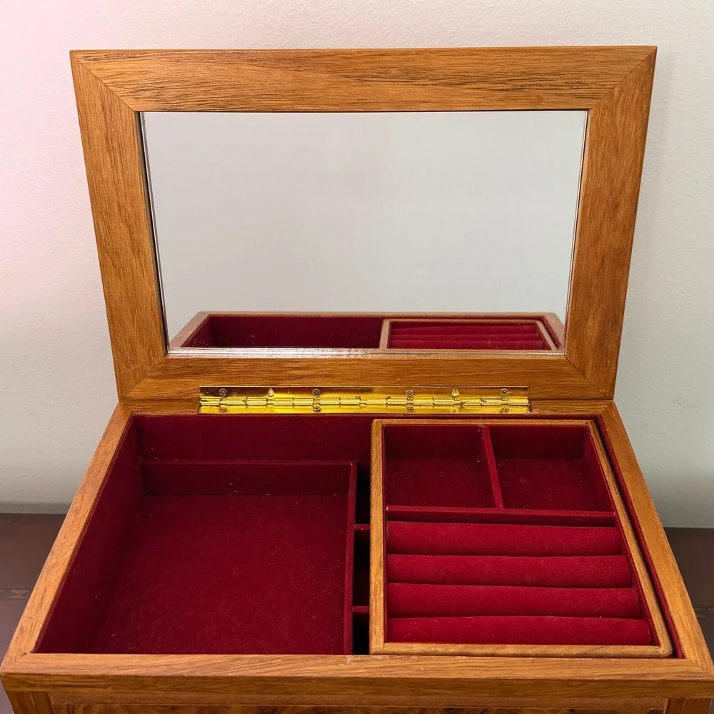 Vintage Burl Wood Jewelry Box Mirror Top Drawer Velvet Lined Trinket Organizer